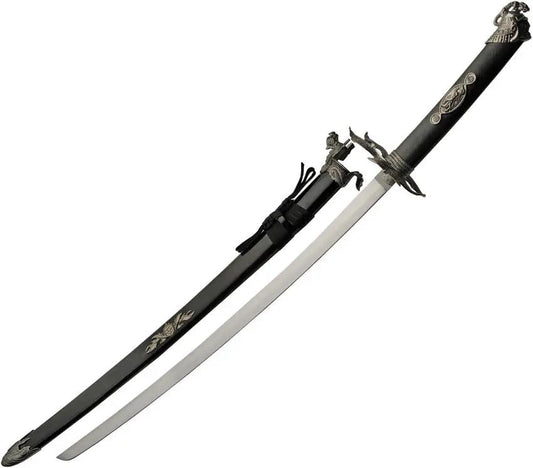 Dragon Warrior Sword With Display Stand For Collectors Satin Carbon Steel Blade Black Wood Handle Premium by China Made