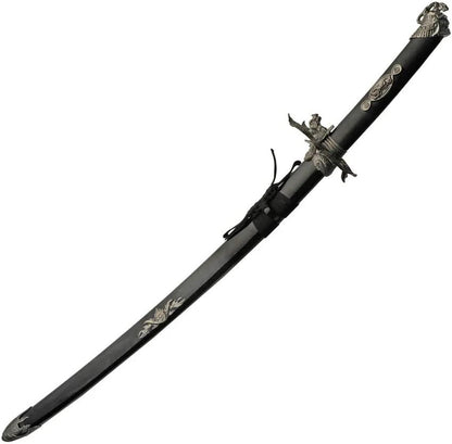 Dragon Warrior Sword With Display Stand For Collectors Satin Carbon Steel Blade Black Wood Handle Premium by China Made