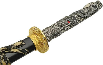 China Made Dragon Samurai Sword 40 Inch Satin Carbon Steel Blade With Dragon Handle Artwork And Red Gem by China Made