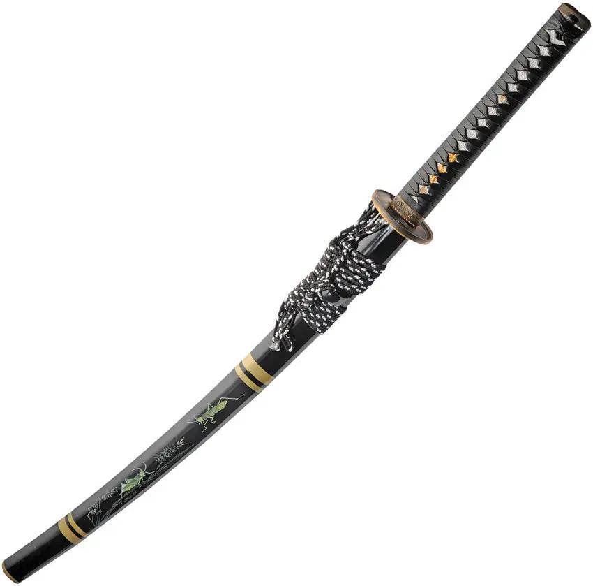 Grasshopper Samurai Sword 28 Inch Blade 1045 Carbon Steel Gold Finish Swirl Artwork Black Cord Handle for Collectors by China Made