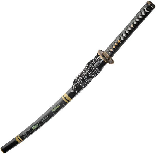 Grasshopper Samurai Sword 28 Inch Blade 1045 Carbon Steel Gold Finish Swirl Artwork Black Cord Handle for Collectors by China Made