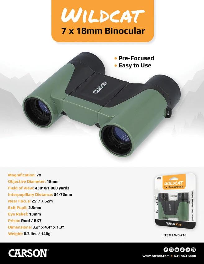 Carson Optics Wild Cat 7x18 Kids Binoculars Pre-Focused Easy to Use for Young Explorers by Carson Optics