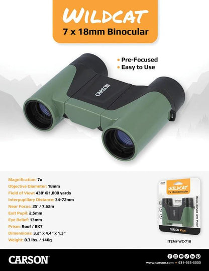 Carson Optics Wild Cat 7x18 Kids Binoculars Pre-Focused Easy to Use for Young Explorers by Carson Optics
