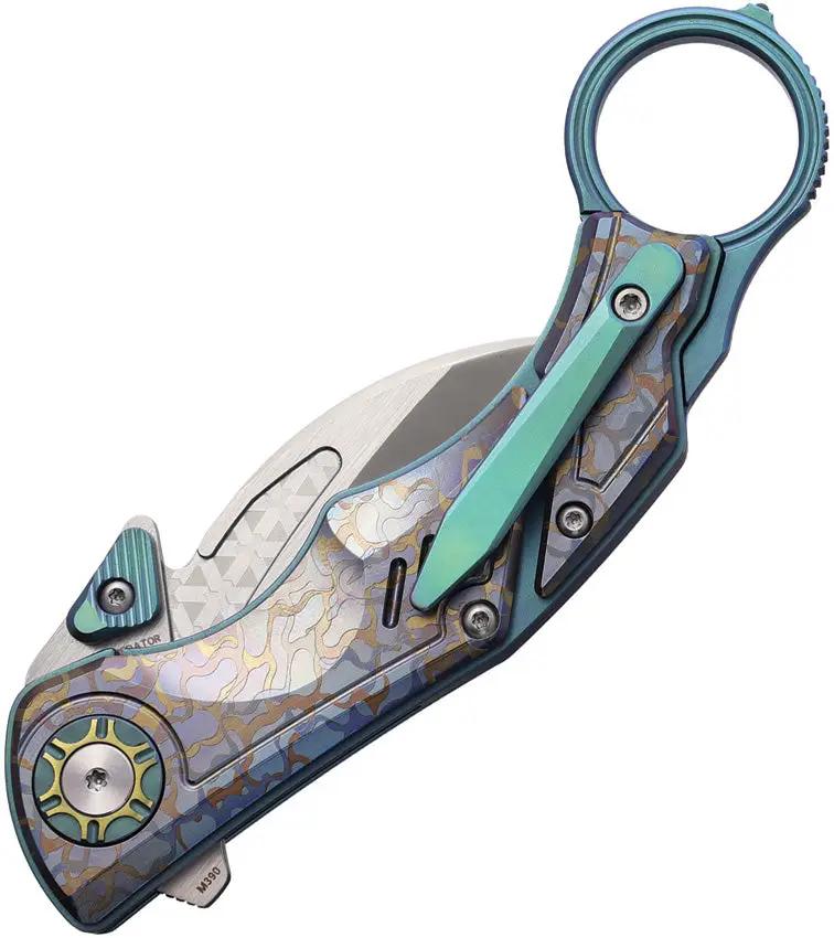 Predator Karambit Linerlock Knife With M390 Blade Glass Breaker Teal Camouflage Titanium Handle For Tactical Enthusiasts by Critical Strike