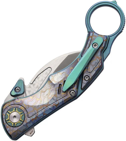 Predator Karambit Linerlock Knife With M390 Blade Glass Breaker Teal Camouflage Titanium Handle For Tactical Enthusiasts by Critical Strike