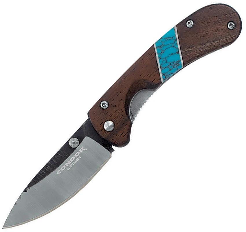 Condor Blue River Hunter Linerlock Knife 440C Stainless Blade Walnut Turquoise Inlay Compact EDC For Outdoorsmen by Condor