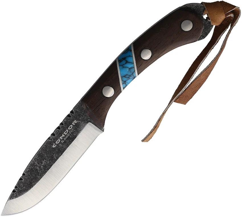 Condor Blue River Neck Knife 5 Inch 1095HC Steel Blade Walnut Turquoise Inlay Extended Tang For Outdoor Enthusiasts by Condor