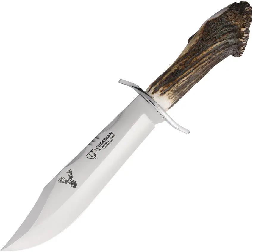Cudeman Bowie Knife Stag Crown Handle Satin Blade 9.5in for Outdoor Enthusiasts with Leather Sheath by Cudeman