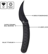 Cavol Kage Linerlock Knife M390 Black Stonewash Curved Blade Pocket Clip Black Titanium Handle EDC Enthusiasts by Cavol