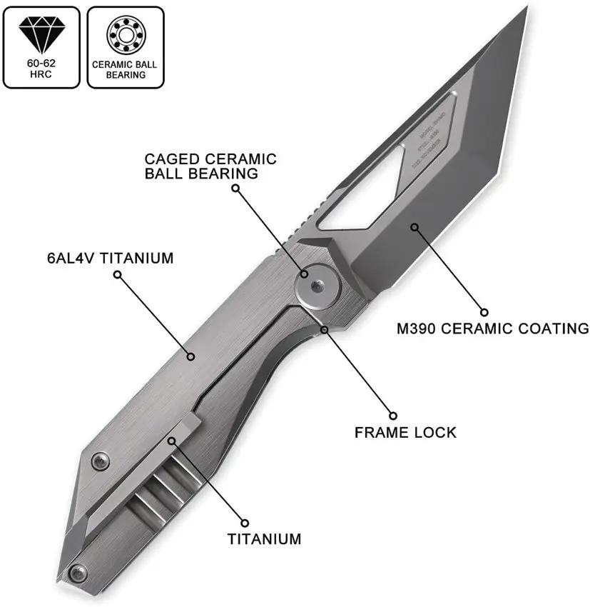 Cavol Shimo Framelock Knife with Gray Titanium Handle and Ceramic Coated Bohler M390 Tanto Blade for EDC Enthusiasts by Cavol