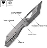 Cavol Shimo Framelock Knife with Gray Titanium Handle and Ceramic Coated Bohler M390 Tanto Blade for EDC Enthusiasts by Cavol