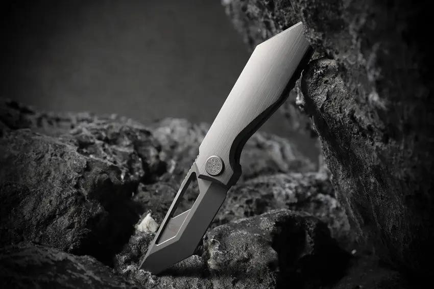 Cavol Shimo Framelock Knife with Gray Titanium Handle and Ceramic Coated Bohler M390 Tanto Blade for EDC Enthusiasts by Cavol
