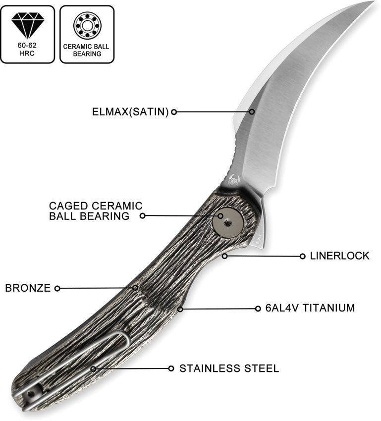 Cavol C09 Linerlock Titanium Knife with Elmax Blade 2.5 Inch Satin Bronze Grooved Handle for EDC Enthusiasts by Cavol