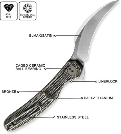Cavol C09 Linerlock Titanium Knife with Elmax Blade 2.5 Inch Satin Bronze Grooved Handle for EDC Enthusiasts by Cavol