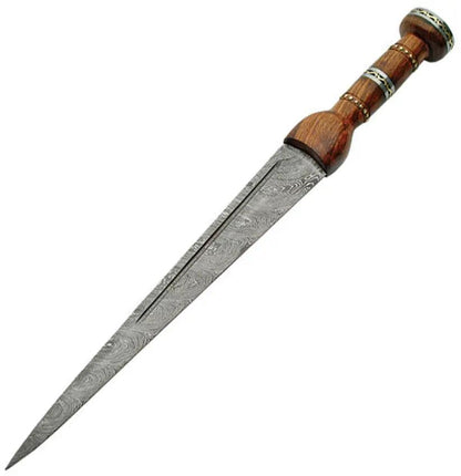 Heritage Forge Damascus Dirk DM1060 - 20 Inch Double Edge Blade Brown Wood Handle Star Inlay Pommel Leather Sheath by Damascus