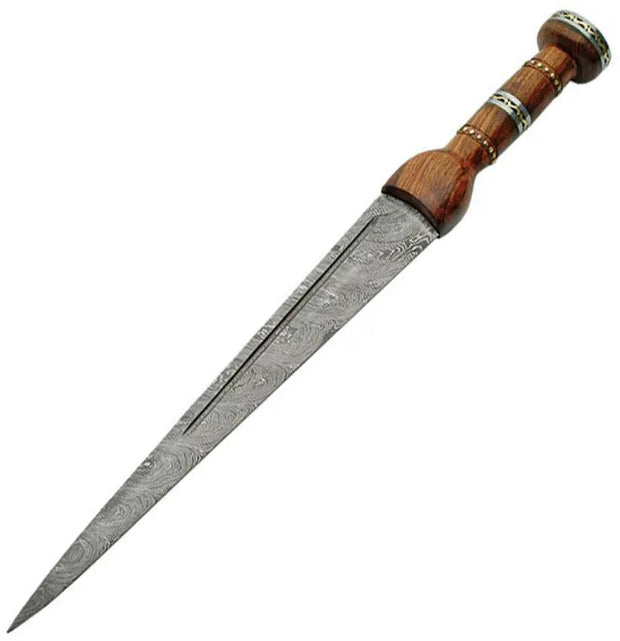 Heritage Forge Damascus Dirk DM1060 - 20 Inch Double Edge Blade Brown Wood Handle Star Inlay Pommel Leather Sheath by Damascus
