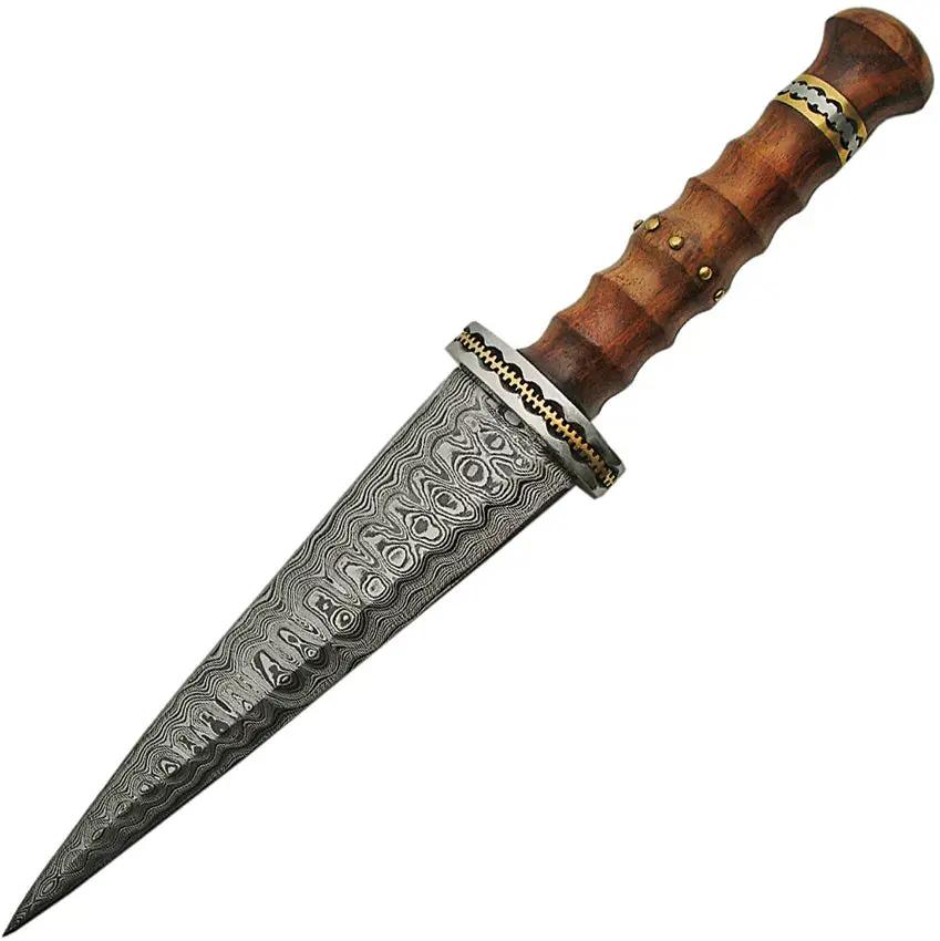 Damascus Dirk Rosewood Handle DM-1115 - Double Edged Damascus Blade With Brass Inlays And Leather Sheath by Damascus