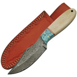 Damascus Knives Turquoise Bone Skinner DM1148 Full Tang Clip Point Knife With Turquoise White Bone Handle by Damascus