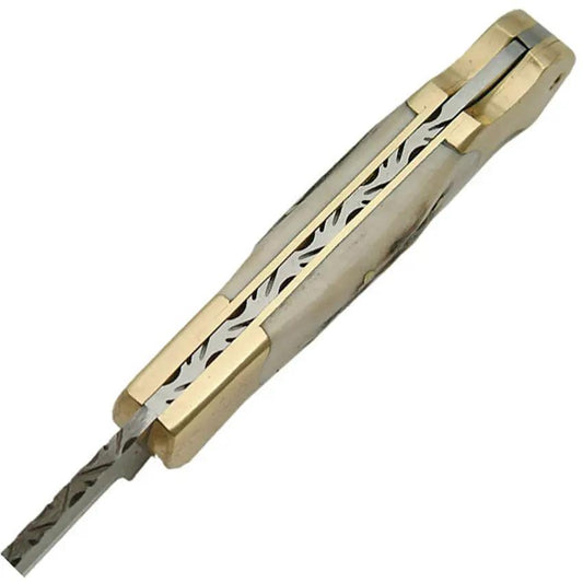 Damascus Lockback Stag Knife DM-1162SG - Stag Bone Handle With Brass Bolsters And Lanyard Hole by Damascus