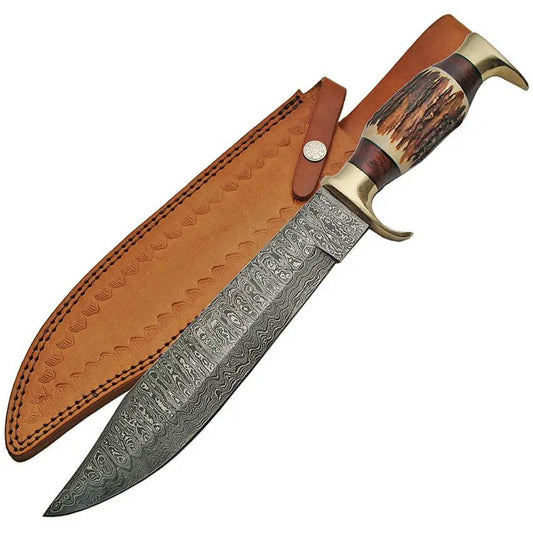 Damascus Forge Stag Bowie DM-1164 - 10.5 Inch Damascus Clip Point Blade, Stag Bone Handle by Damascus