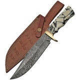 Damascus Bowie DM-1197 - 7.5 Inch Damascus Clip Point Blade With Black And White Bone Handle by Damascus