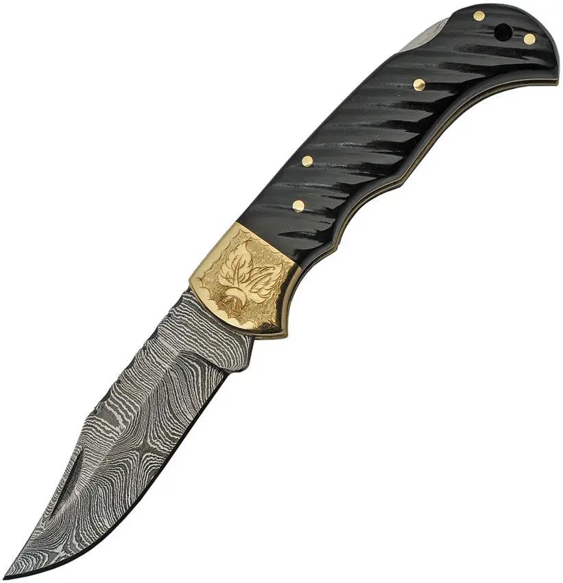 Damascus Lockback Buffalo DM 1225 - 2.75 Inch Damascus Blade 3.75 Inch Closed Horn Handle Brass Bolsters by Damascus