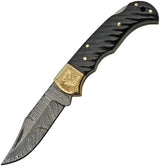 Damascus Lockback Buffalo DM 1225 - 2.75 Inch Damascus Blade 3.75 Inch Closed Horn Handle Brass Bolsters by Damascus