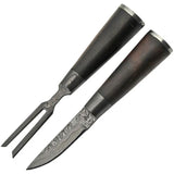 Damascus Edge Three Piece Bowie Set DM-1237 - Damascus Blade Brown Wood Handles Leather Sheath And Fork Included by Damascus