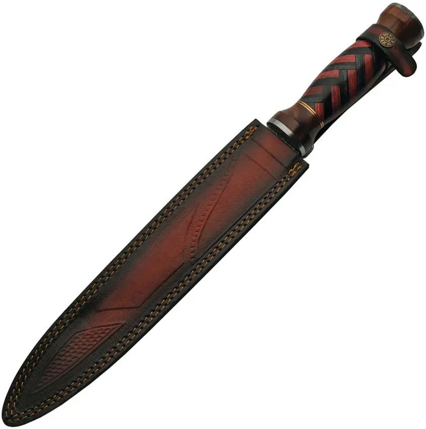 DM Knives Damascus Fixed Blade DM-1271 - 12.25 Inch Damascus Blade With Red And Black Wood Handle Leather Belt Sheath by Damascus