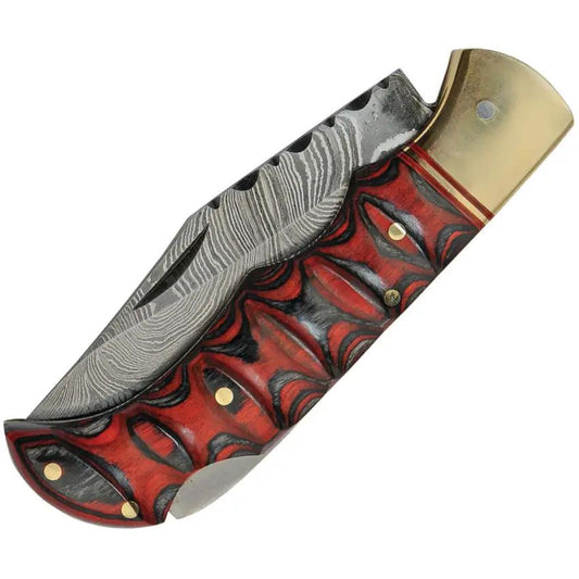 Damascus Lockback Knife DM-1284 Red And Black - 3-Inch Clip Point Blade With Sculpted Wood Handle And Brass Bolsters by Damascus