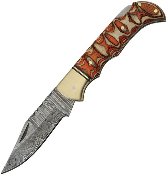 Damascus Twisted Wood Lockback DM-1285 - 3.75in Closed Knife With Damascus Clip Point Blade And Sculpted Wood Handle by Damascus
