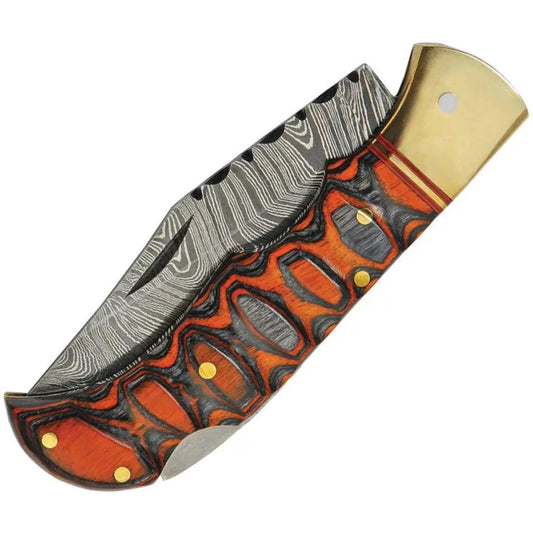 Damascus Twisted Wood Lockback DM-1286 - 3 Inch Damascus Clip Point Blade Brass Bolsters Leather Sheath by Damascus