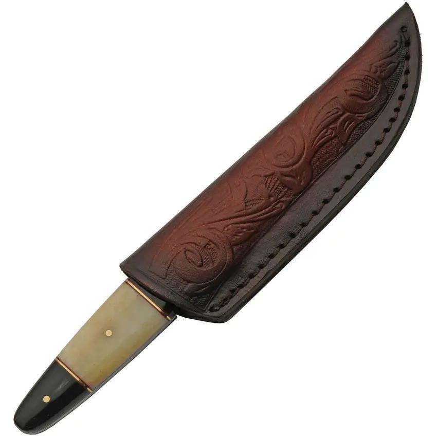 TrailForge Damascus Fixed Blade Knife - Buffalo Horn And Camel Bone Handle With Full Tang And Leather Sheath by Damascus