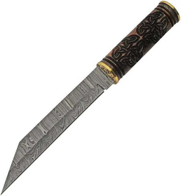 DM Forge Damascus Celtic Triquetra Seax DM-1299 - 8.5 Inch Damascus Blade Brown Sculpted Wood Handle by Damascus