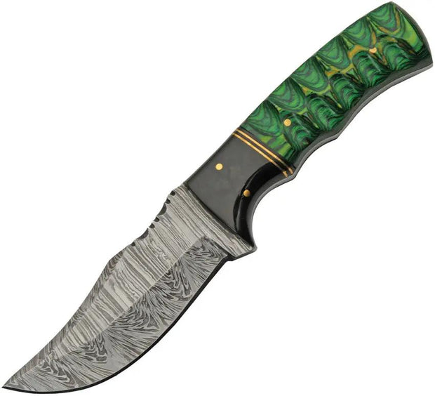 Damascus Forest Breeze Fixed Blade - Full Tang With Green Pakkawood Handle And Leather Belt Sheath by Damascus