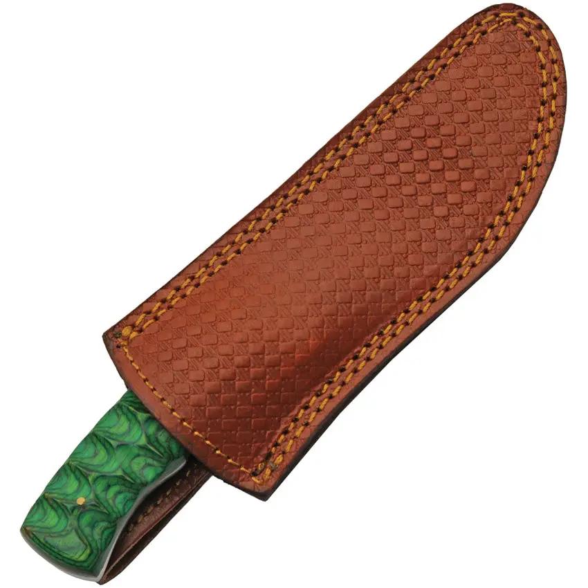 Damascus Forest Breeze Fixed Blade - Full Tang With Green Pakkawood Handle And Leather Belt Sheath by Damascus