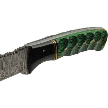 Damascus Forest Breeze Fixed Blade - Full Tang With Green Pakkawood Handle And Leather Belt Sheath by Damascus