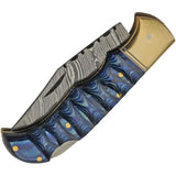 Damascus Grooved Lockback Knife DM-1303BL - Blue Pakkawood Handle With Damascus Clip Point Blade by Damascus