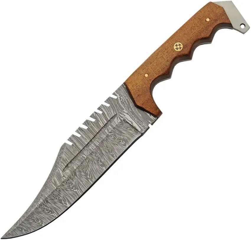 Damascus Stitch Back Hunter DM-1342 - Full Tang Sawback Clip Point Knife With Brown Wood Handle by Damascus