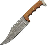 Damascus Stitch Back Hunter DM-1342 - Full Tang Sawback Clip Point Knife With Brown Wood Handle by Damascus
