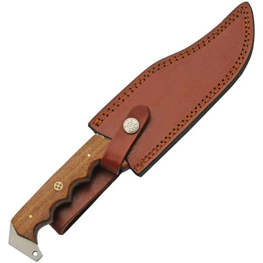 Damascus Stitch Back Hunter DM-1342 - Full Tang Sawback Clip Point Knife With Brown Wood Handle by Damascus