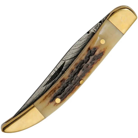 Damascus Toothpick Stag DM-1354 - Stag Handle With Damascus Steel Clip Blade And Brass Bolsters by Damascus