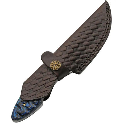 Damascus Ocean Ripple Hunter DM-1358 - Full Tang Damascus Blade With Black Blue Pakkawood Handle And Leather Sheath by Damascus