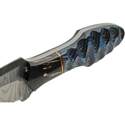 Damascus Ocean Ripple Hunter DM-1358 - Full Tang Damascus Blade With Black Blue Pakkawood Handle And Leather Sheath by Damascus