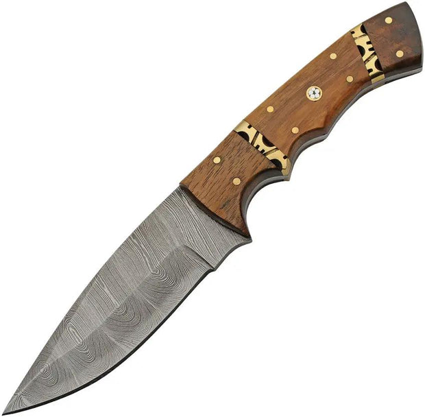 Damascus Rodeo Hunter Wood DM1365 - Damascus Steel Blade Full Tang Brown Wood Handle Leather Sheath by Damascus