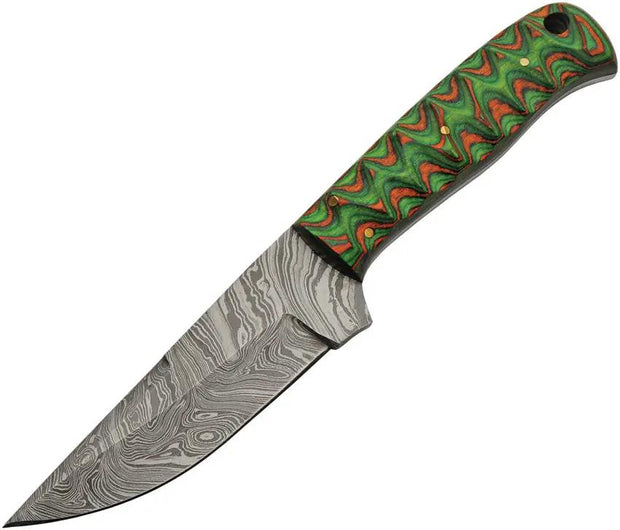 TrailCraft Damascus Hunter Knife - Orange Green Wood Handle Full Tang With Lanyard Hole by Damascus