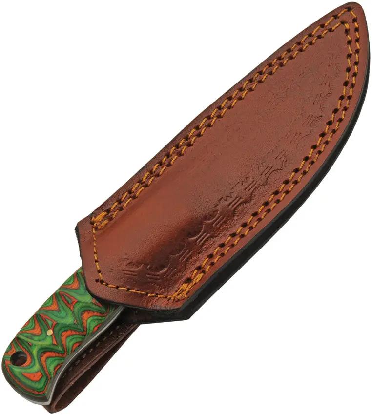 TrailCraft Damascus Hunter Knife - Orange Green Wood Handle Full Tang With Lanyard Hole by Damascus