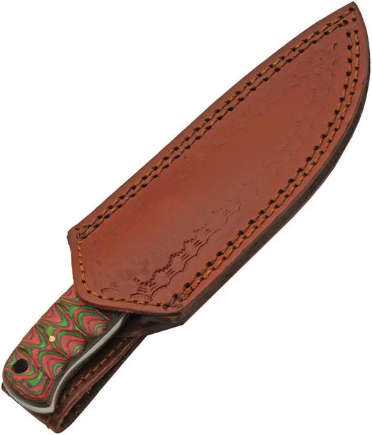 Damascus Forge Hunter Knife DM-1376RD - Damascus Blade With Green Red Sculpted Wood Handle And Full Tang by Damascus