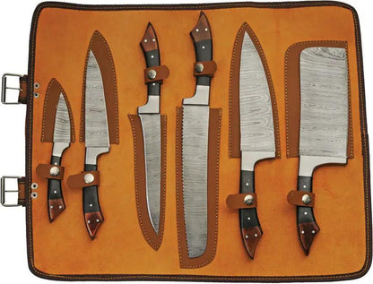 Damascus Kitchen Set 6 Piece DM-1378 - Full Tang Damascus Steel Blades With Black Micarta And Wood Handles by Damascus