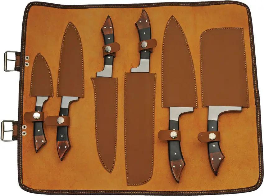 Damascus Kitchen Set 6 Piece DM-1378 - Full Tang Damascus Steel Blades With Black Micarta And Wood Handles by Damascus